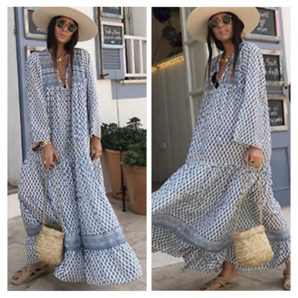 Zara Dresses & Skirts - ZARA Bohemian White Blue Paisley Print Maxi Kaftan Boho Dress SIZE:SMALL